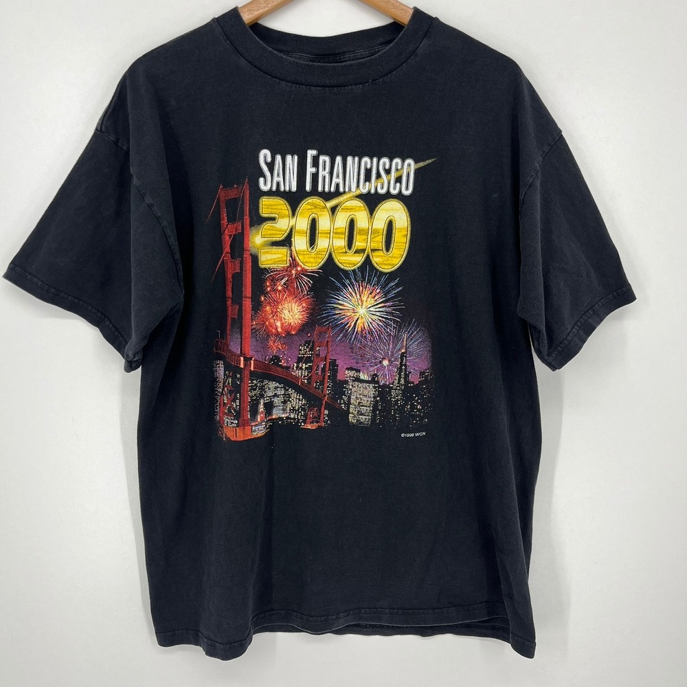 Vintage Tultex San Francisco 2000 Millennium Fireworks Graphic T-Shirt XL Black
